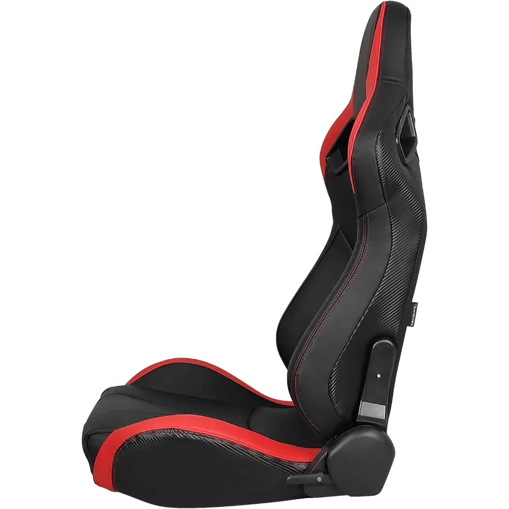 ، مقاعد سباق عالمية مع منزلقات مزدوجة، من جلد البولي يوريثان والكربون، شريط أحمر قابل للاستلقاء على الجانب الأيسر للسائق #3