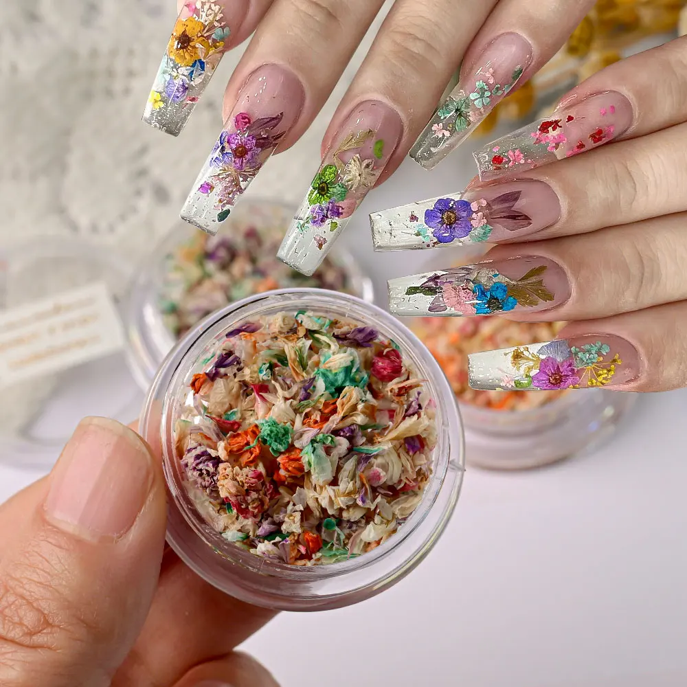 Summer Dried Flower Nail Art Decoration 3D Natural Real Floral Sticker UV Polish Pressed Flowers Crushed Accessory Jewelry Decal