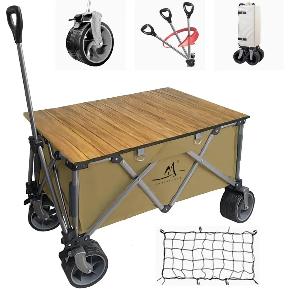 Beach Wagon Carts Heavy Duty Foldable Collapsible With Folding Table Cargo Net Brown Multi-purpose Cart With Wheels Trolley Home