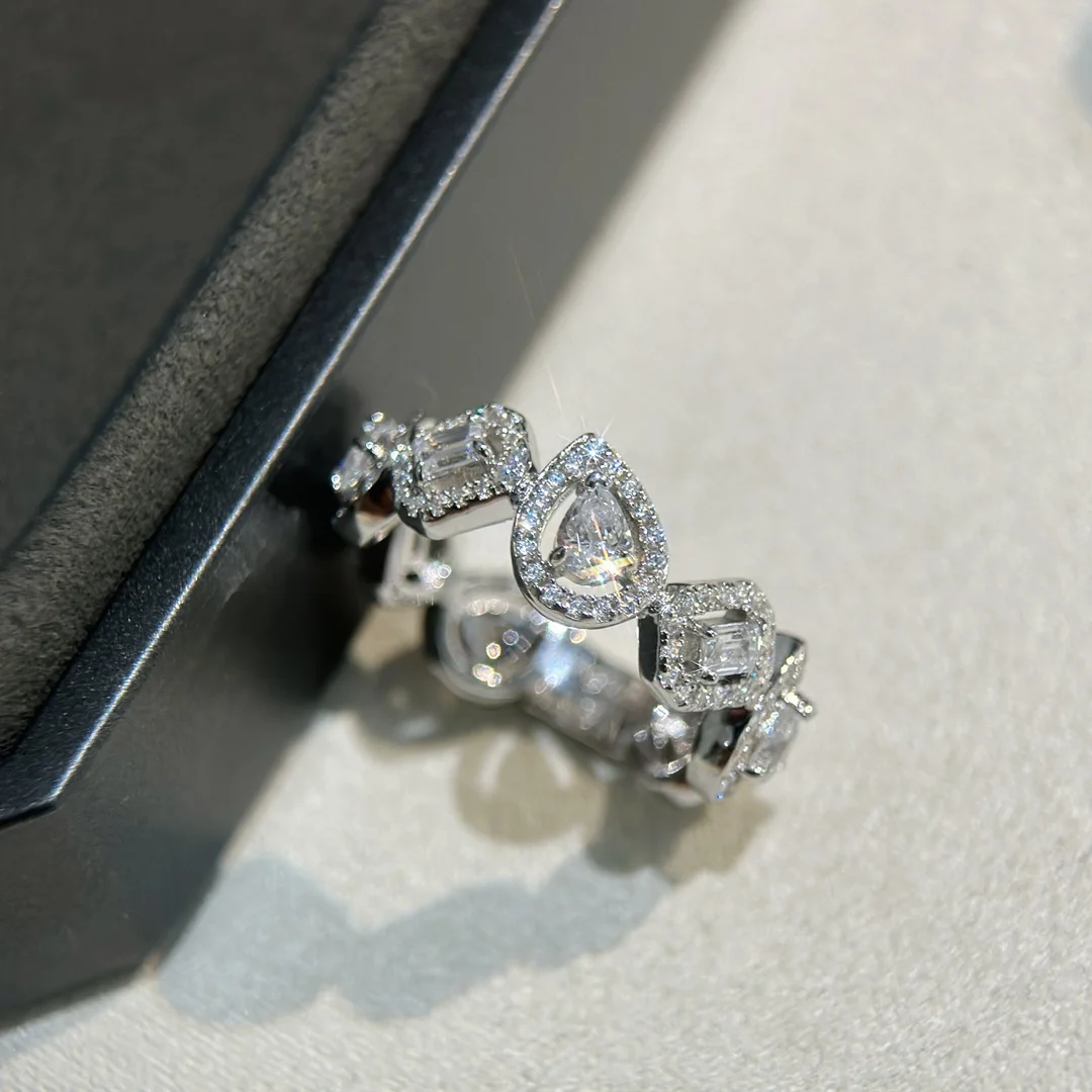 خاتم زفاف نسائي من الفضة الإسترليني عيار 925 مطلي بالذهب على شكل قطرة الماء مربعة من الألماس بالكامل