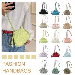 Women Drawstring Shoulder Bags Detachable Strap Quilted Crossbody Bag Solid Color Soft Padding Handbag for Outdoor Travel