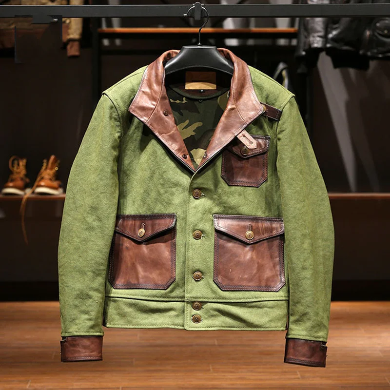 Spring Green Jacket Men's Japan Casual Style Plus Size 5XL Natural Horsehide Spliced Autumn Slim Fit Genuine Leather Coats