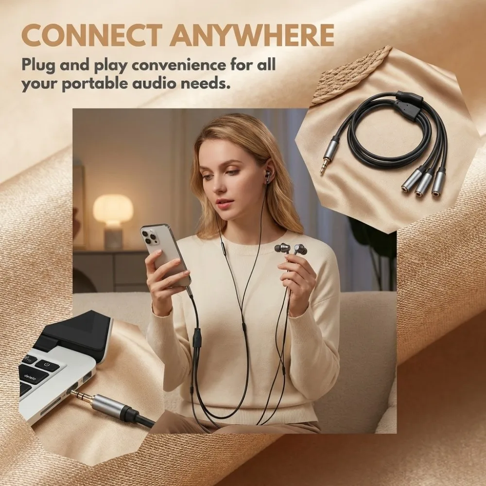 

1 Male to 3 Female Stereo 3.5mm Splitter Plug-and-Play 0.3m/11.8in Length 3 in 1 Audio Splitter Cable Stereo Audio Distributor
