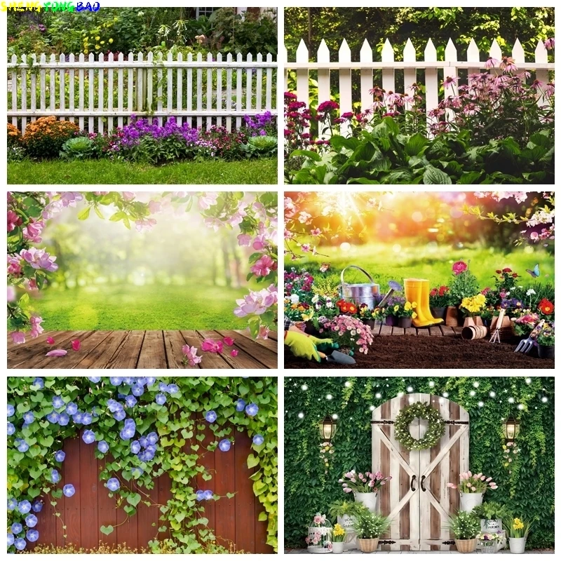 Frühling Hof Garten Fotografie Hintergrund Zaun Sonnenblume Blumen Feld Baby Dusche Kinder Porträt Hintergrund Foto Studio Requisiten