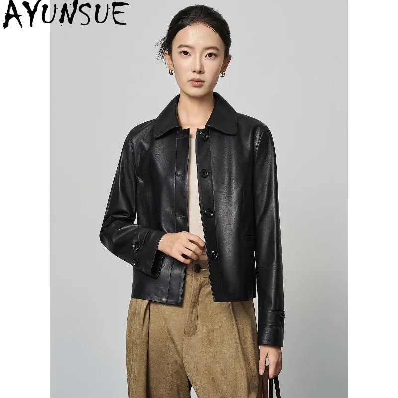 AYUNSUE Real Leather Jackets for Woman 2026 Retro Sheepskin Black Jacket Woman Fashion Commute Outerwear Woman Clothes Куртка