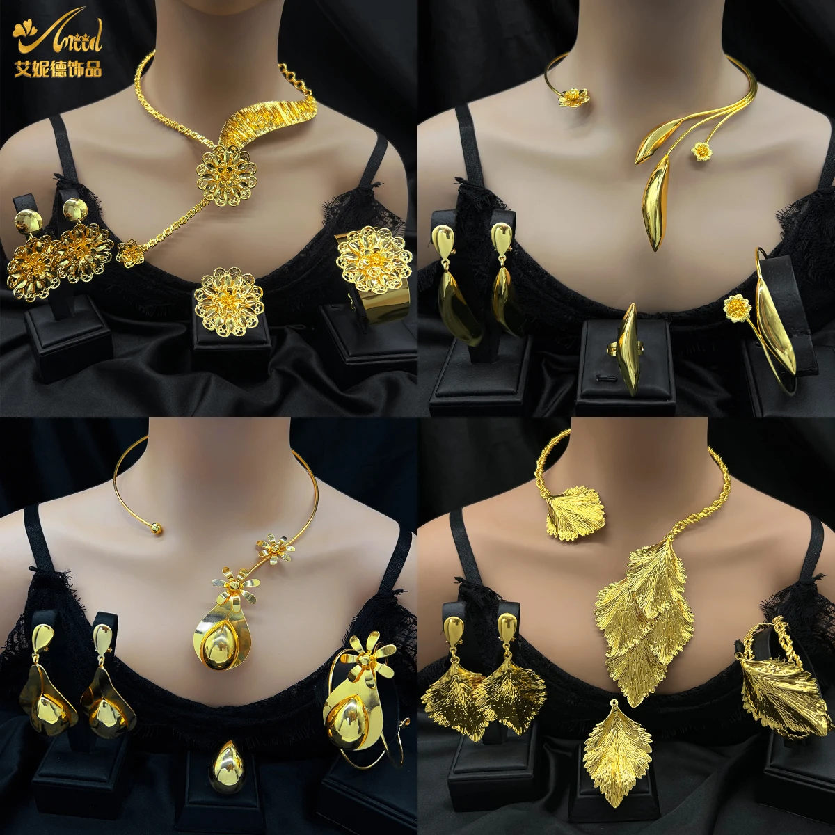 New Luxury Dubai 24K Gold Plated Jewelry Sets for Women Fashion Flower Necklace Earrings Trendy Party Gift Wedding Accessories