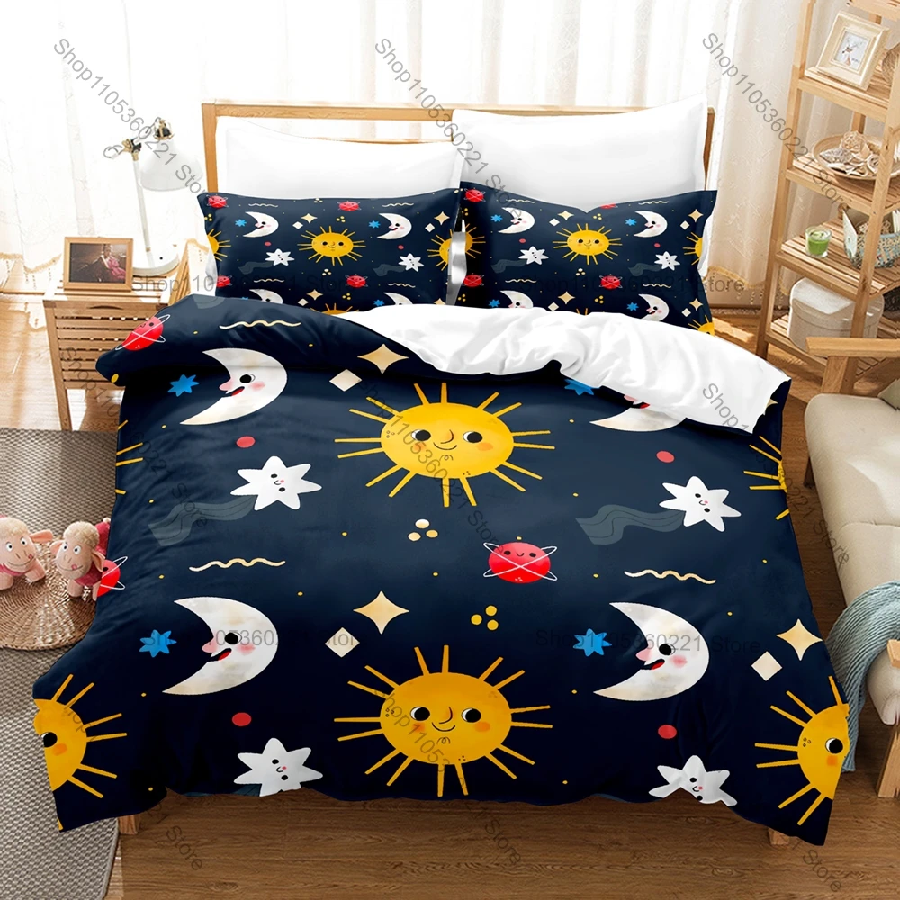 Conjunto de Cama de Três Peças Cartoon Sol 2026: Edredom de Luxo com Tamanhos Queen e King, e Duas Fronhas de Anime - Cama Infantil