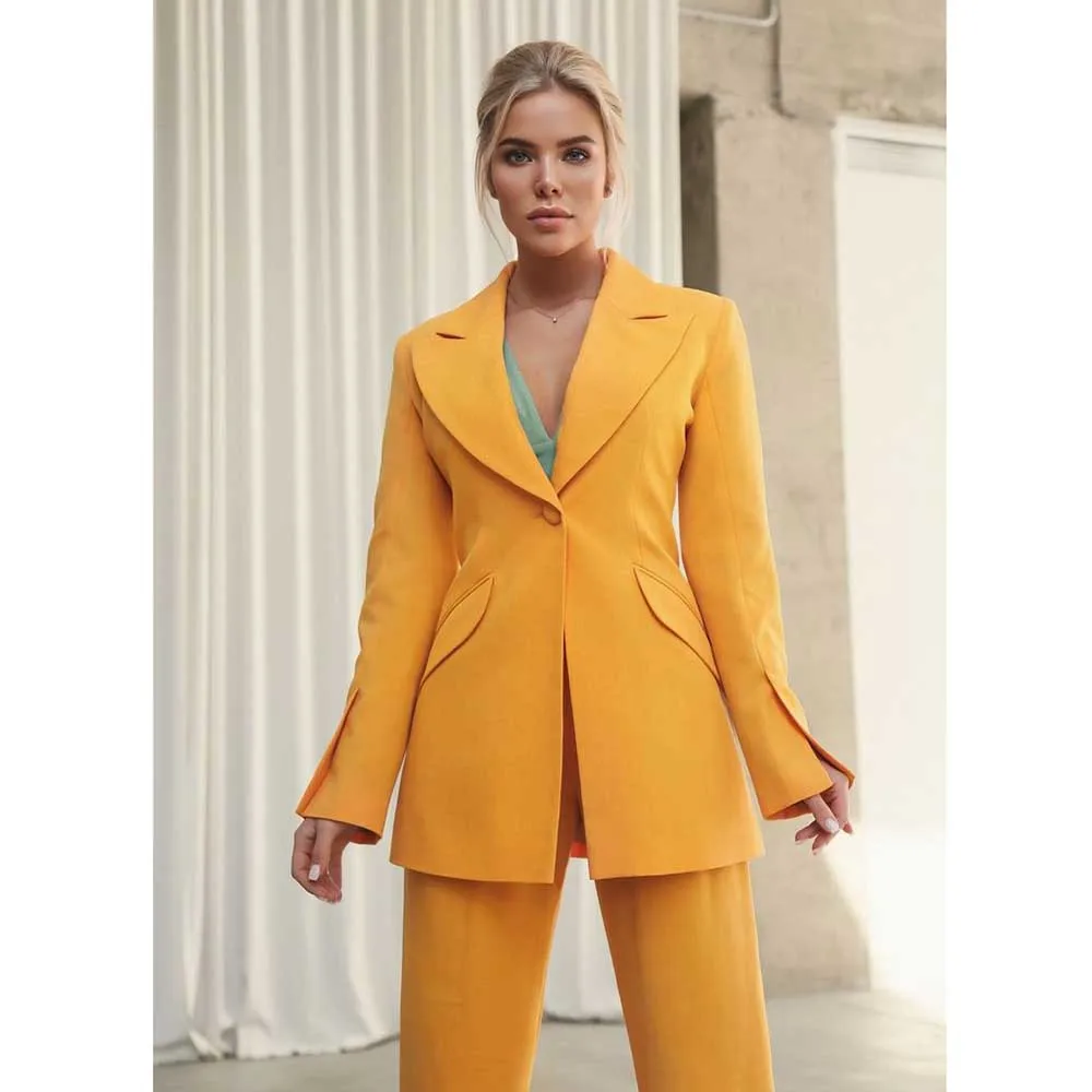 Elegant Blue Orange Suits for Women Single Breasted 2 Piece Jacket Pants Female Clothing Slim Fit Chic Office Lady Blazer Sets