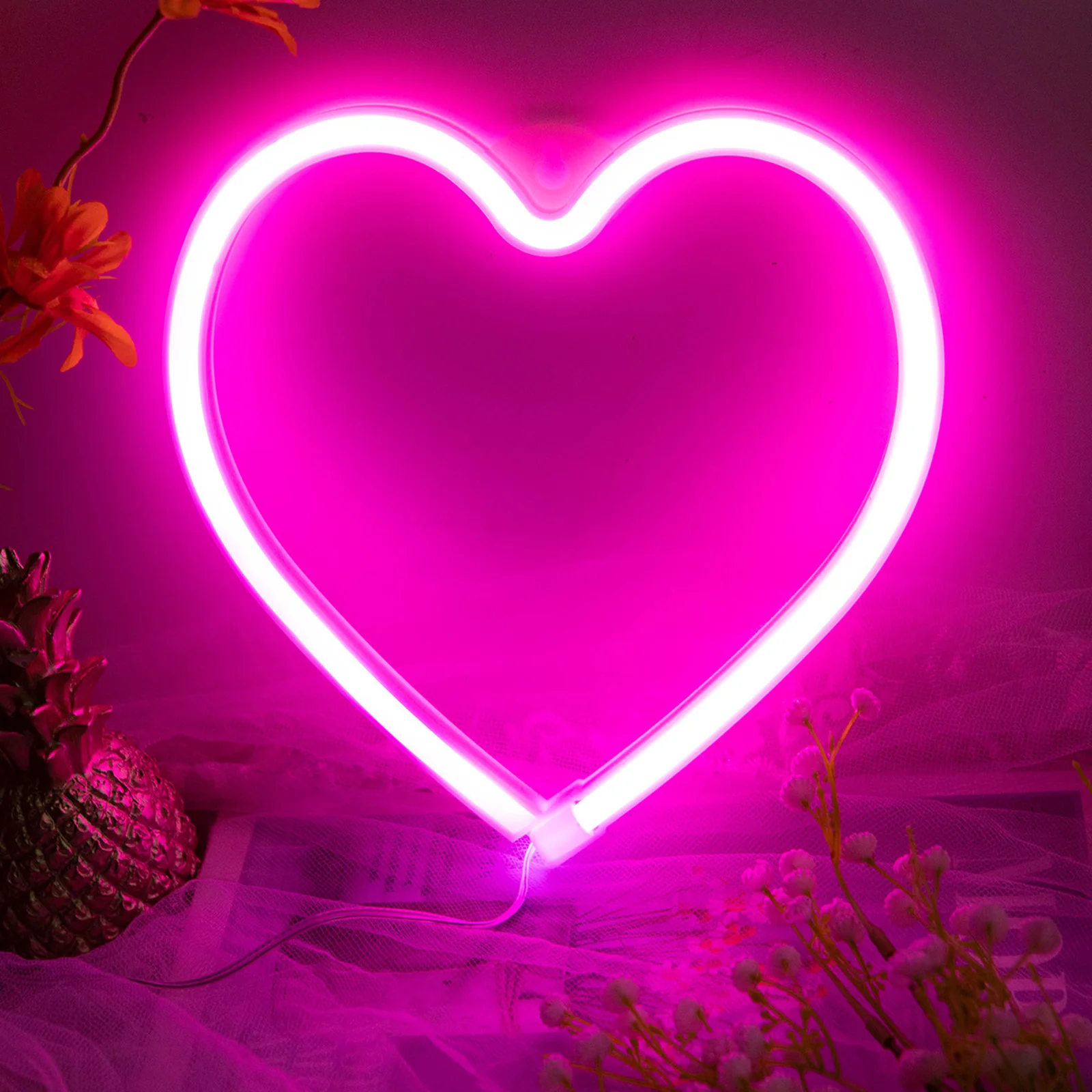 1PC Neon Heart Lights Pink Heart Neon Sign Heart Led Light Led Heart Lamp Heart Decorations For Home Hanging Heart Gifts Decor