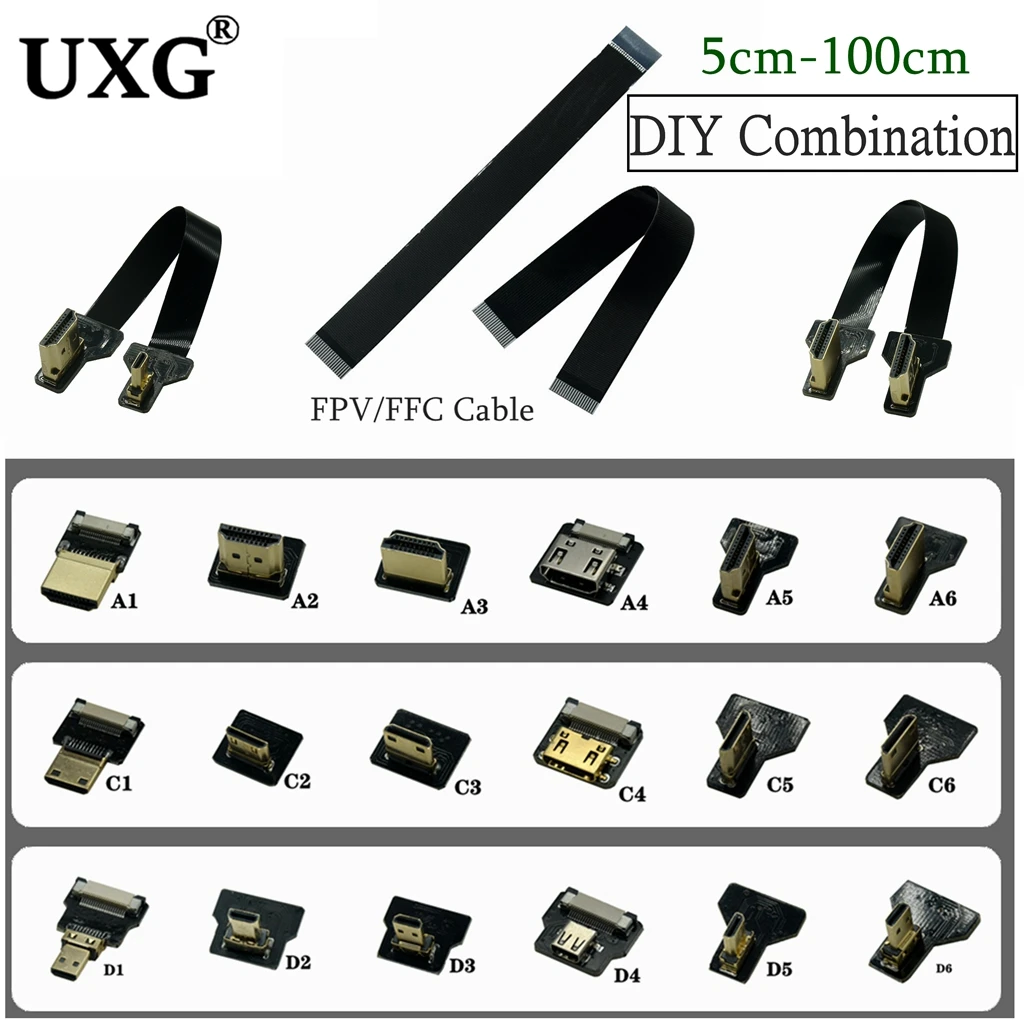 Micro HDMI-Mini HDMI 90 Degree Adapter 5cm-100cm FPC Ribbon Flat FPV HDMI-Cable Pitch 20pin For Multicopter Aerial Photography