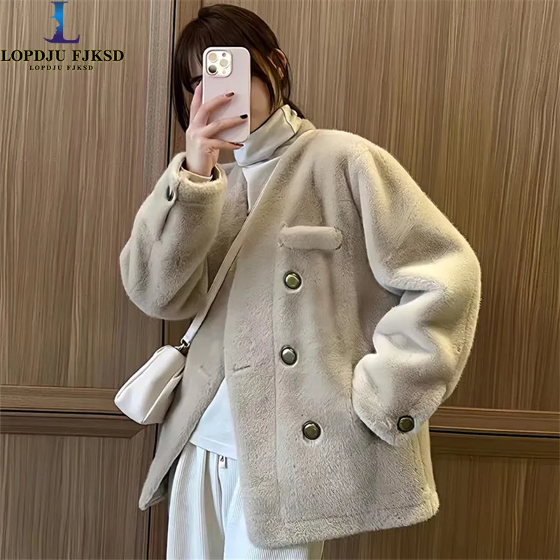 Faux Fur Coat for Women,Long Jacket for Office Lady,Double Breasted,V-Neck , Thick, Autumn, Winter, New