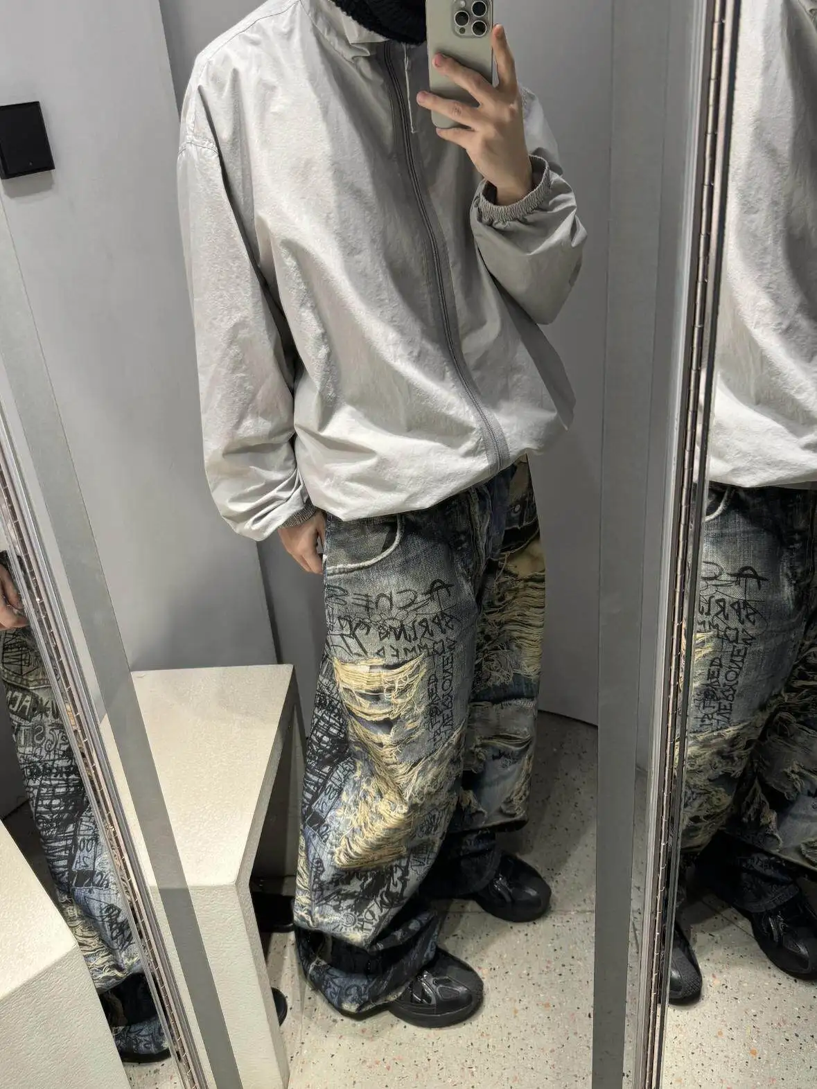 Retro American Graffiti 3D Print Hole Denim Jeans Men's Women's Street Design Loose Casual Washed Wide Leg Pants
