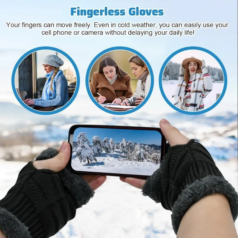 Gants thermiques sans doigts pour l'hiver, garde au chaud, doublés de polaire, chauffe-poignets tricotés pour femmes et hommes, activités de plein air par temps froid
