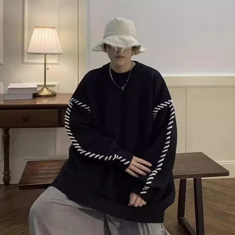 

Свободный крой, цветной повседневный трикотаж, круглый пуловер, свитер для мужчин, дышащее полиэфирное волокно, осень-зима, уличный Sle