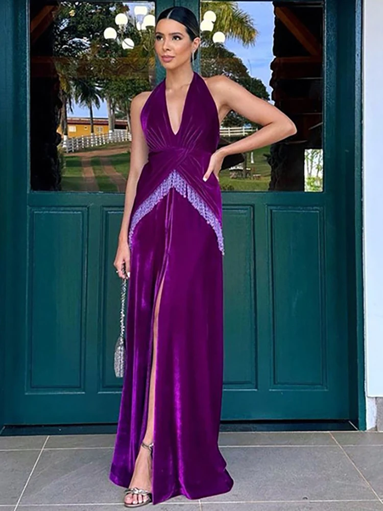 JULISSA MO Sexy Deep V-neck High Slit Tassel Women Maxi Dress Purple Backless Evening Dress Female Autumn Slim Elegant Partywear