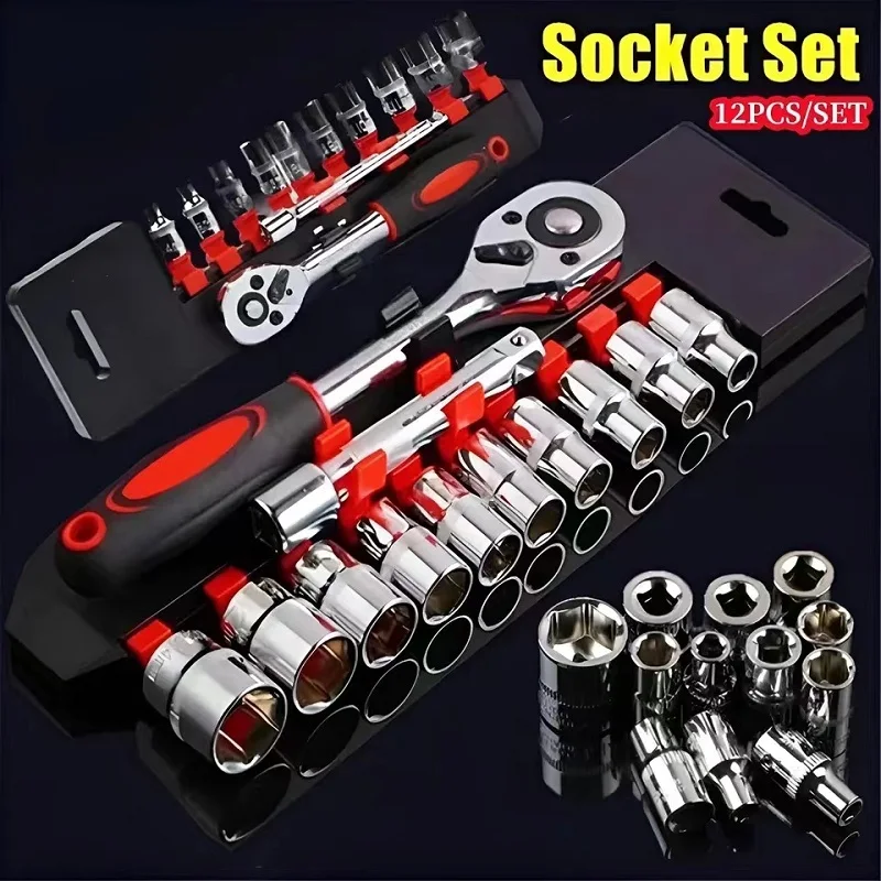 Imagem -02 - Soquete Ratchet Wrench Conjunto para Bicicleta Reparação Kit de Reparação Multi-função Chave Inglesa Ferramenta de Extensão 14 12 Polegada 12 Peças