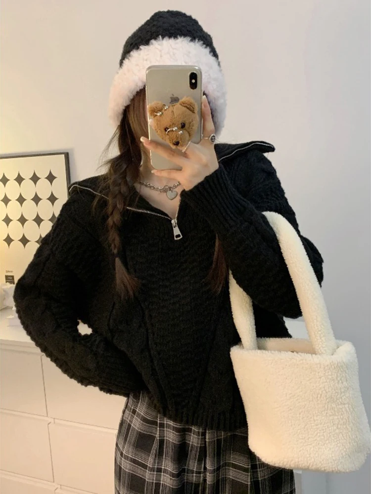 

Design half zip Fried Dough sweater for women in spring, autumn and winter wear loose lazy style pullover sweater short top