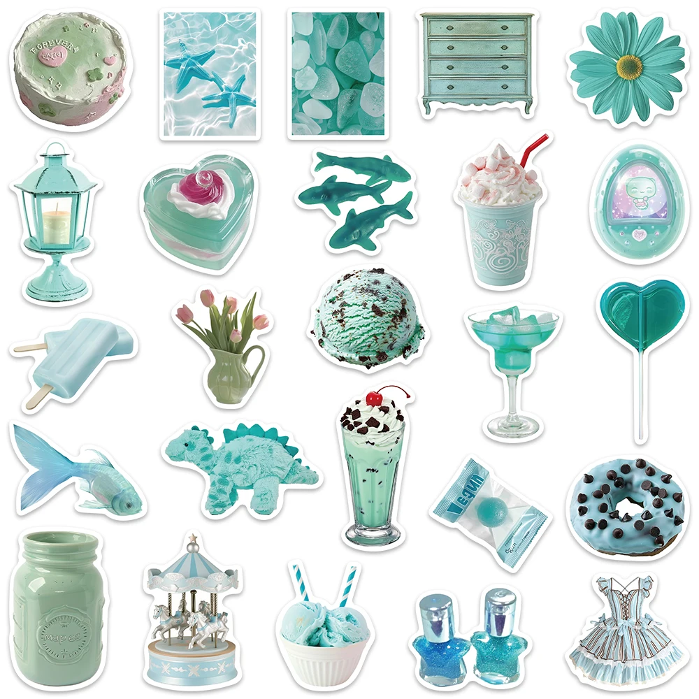 50pcs Water Bottle Stickers Ins Style Mint Green Aesthetic Art Stickers For Laptop Luggage Guitar Phone Waterproof Vinyl Decals