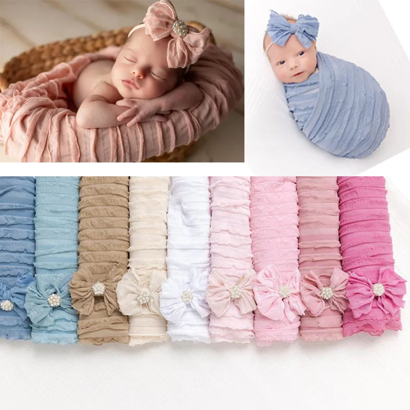 مجموعة دعامات صور لحديثي الولادة - قماط وعصابة رأس متماسكة قابلة للتمدد، لفافة مكشكشة قابلة للتنفس مع فيونكة، تصوير لحديثي الولادة، نيويوبونز #1