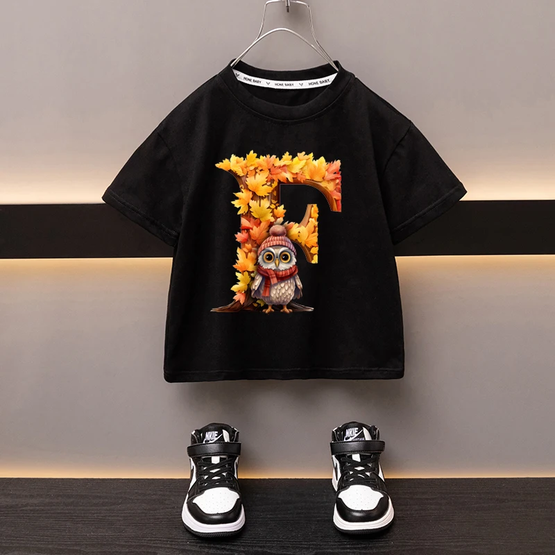 Camiseta con letras de Hojas de arce para niños, ropa Kawaii para niñas, dibujos animados de Anime, Tops informales para niños, manga corta, nuevo 2024