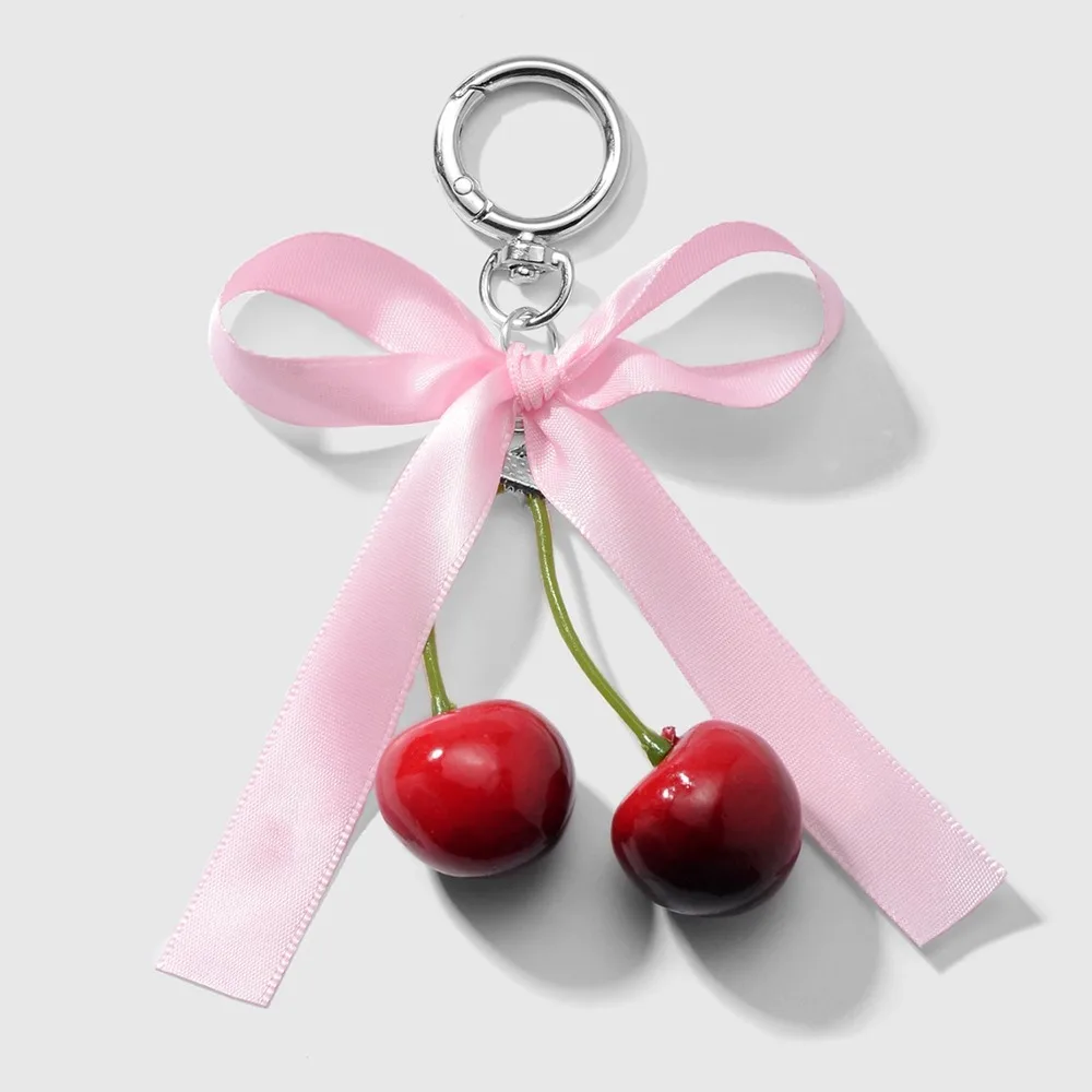 Creative Phone Charms Ribbon Bow Keychain Keyring Checkered Cherry Pendant Fashion Decoration Ballet Style Pendant Couple Kids