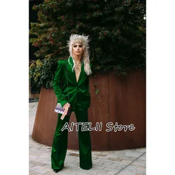 2 Piece Women's Set Female 2 Pieces Blazer Pants Party One Button Suits for Lady Suit Green Satin Dresses for Prom Sets