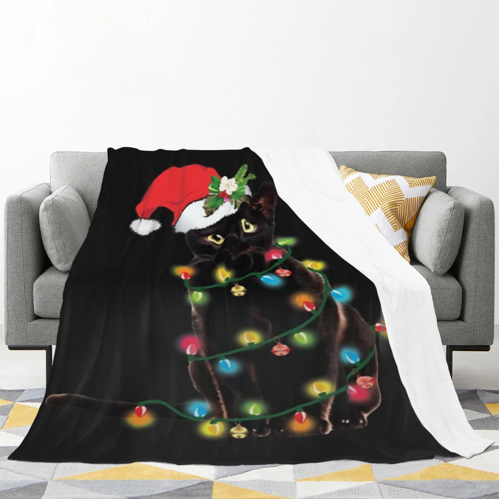 Santa Black Cat Tangled Up In Christmas Tree Lights Holiday Medium Blanket Fluffy Soft Bedroom Decor Sofa Blankets