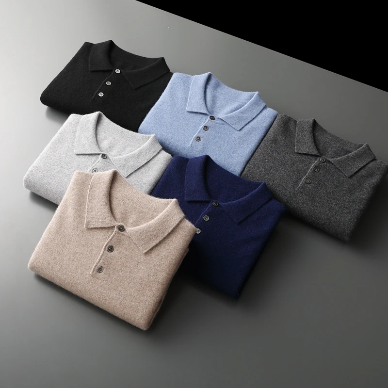 جديد الرجال بولو طوق سترة الكشمير الصلبة 3 أزرار البلوفرات الخريف الشتاء 100% الكشمير تريكو الذكية قميص غير رسمي الملابس