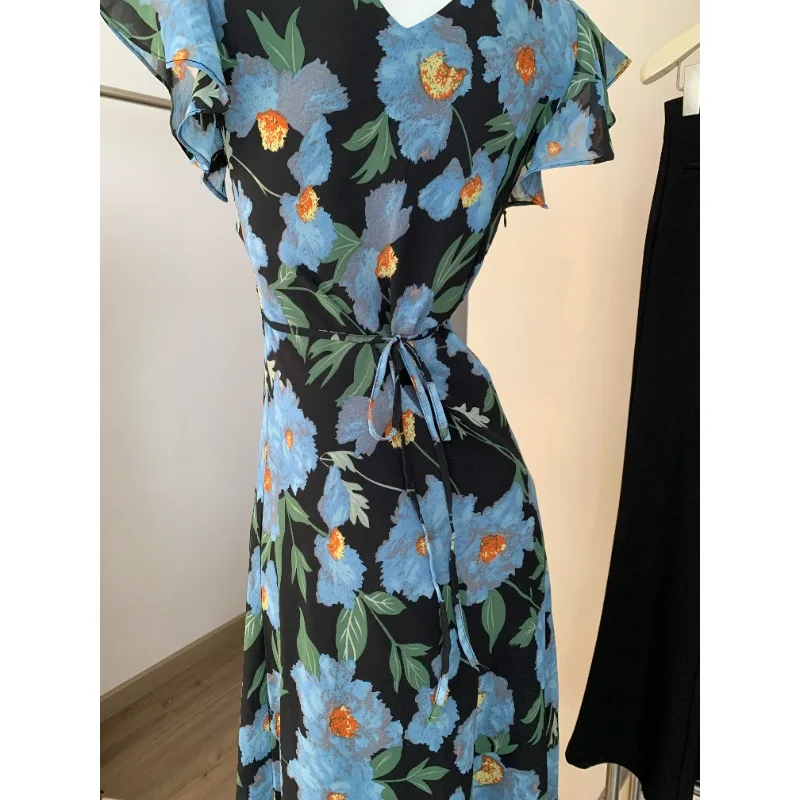 Elegante Süße V-ausschnitt Lange Chiffon Kleid Frauen 2025, Sommer Spitze Patchwork Slim Fit Midi Sommerkleid Weibliche Frau Kleidung