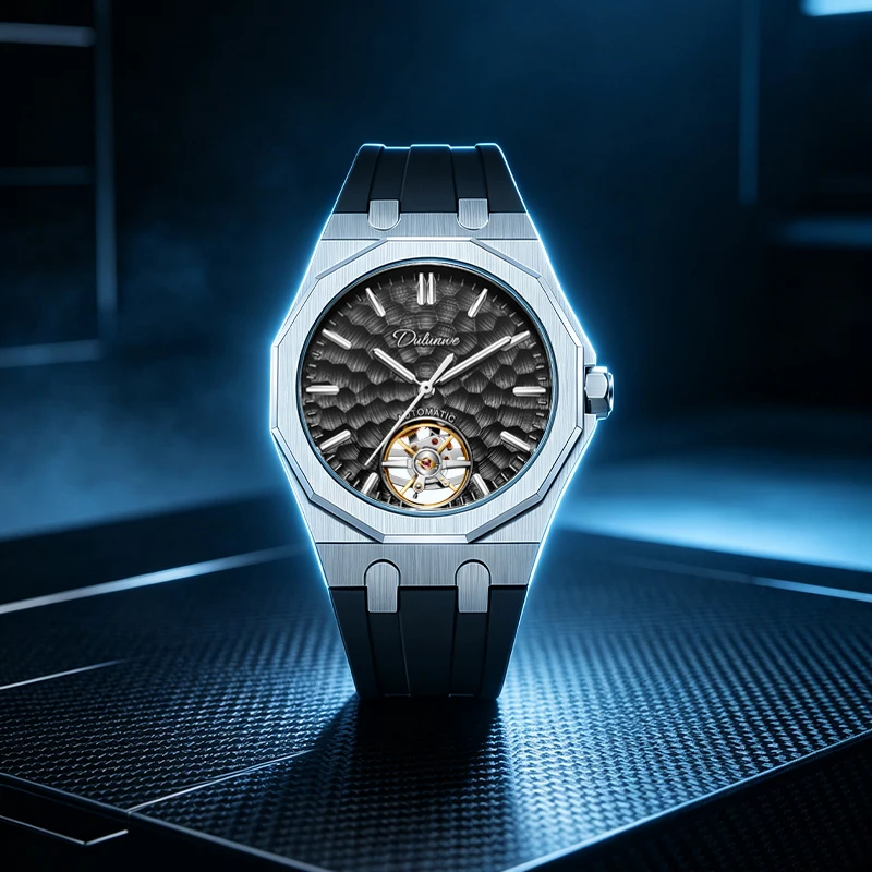 Men Octagon Hollow Tourbillon Automatic Mechanical Watch Silicone Strap Business Wristwatch