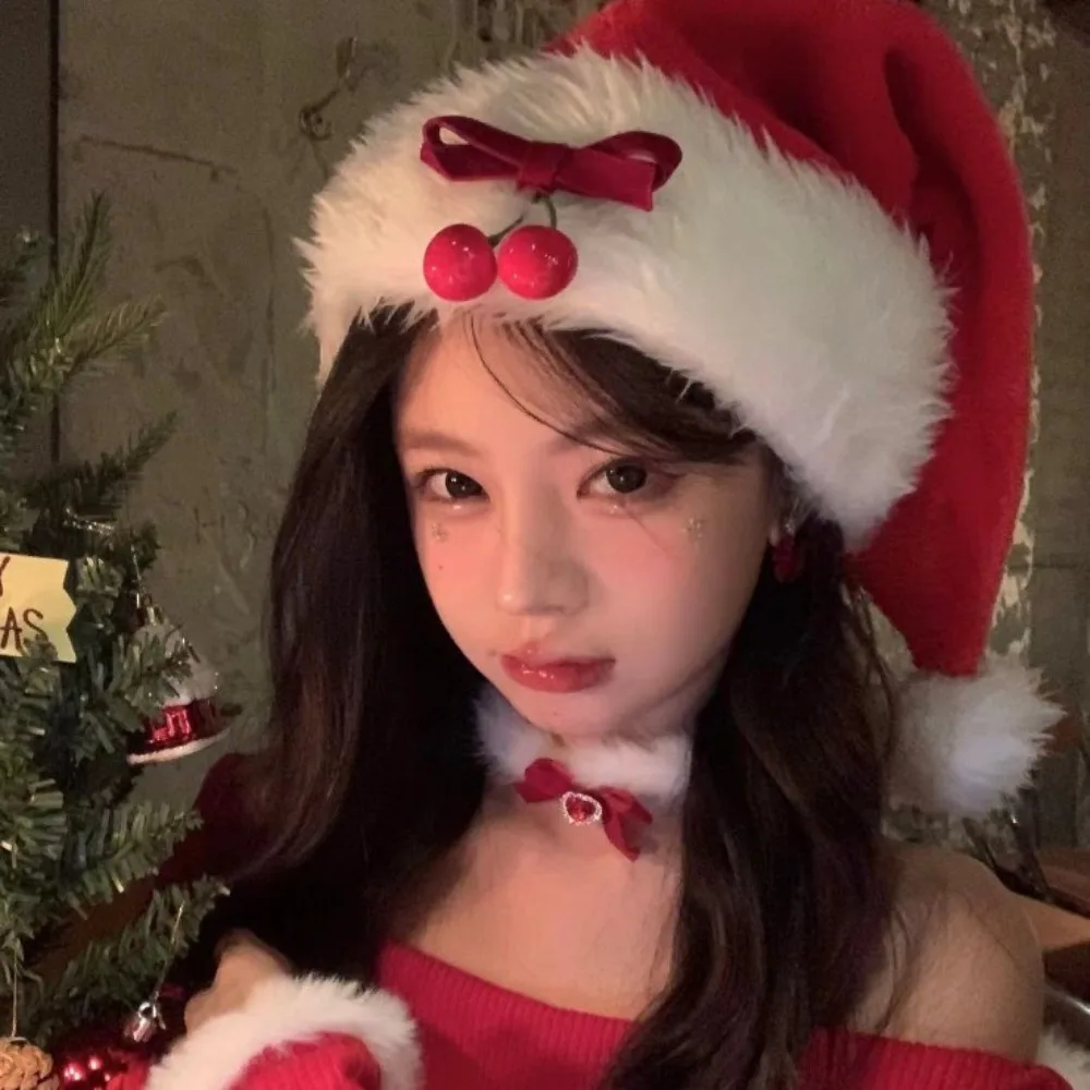 

New Cherry Christmas Hat Bowknot New Year Santa Claus Hat Sweet Festive Party Fur Xmas Cap Decoration