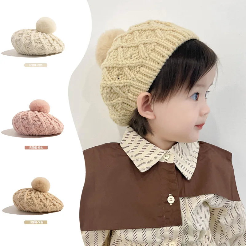 

Size 48-53 Children Beret Hat hand-knitted Twisted Real Rabbit Hair Ball painter's Cap Winter Warm Knitted Hats Hot