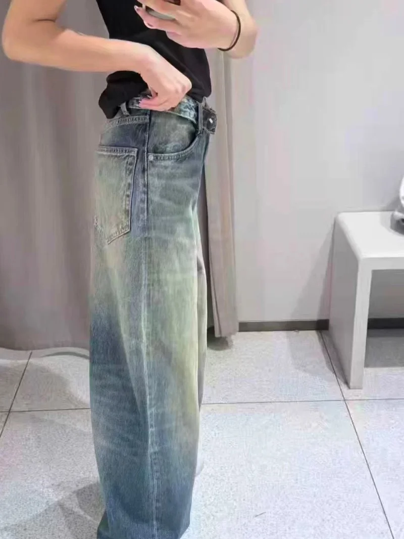 ETJ 2025 otoño e invierno nuevo diseño de moda para mujer versión suelta de cintura de lavado pantalones vaqueros con cintura abatible pantalones largos hasta el suelo