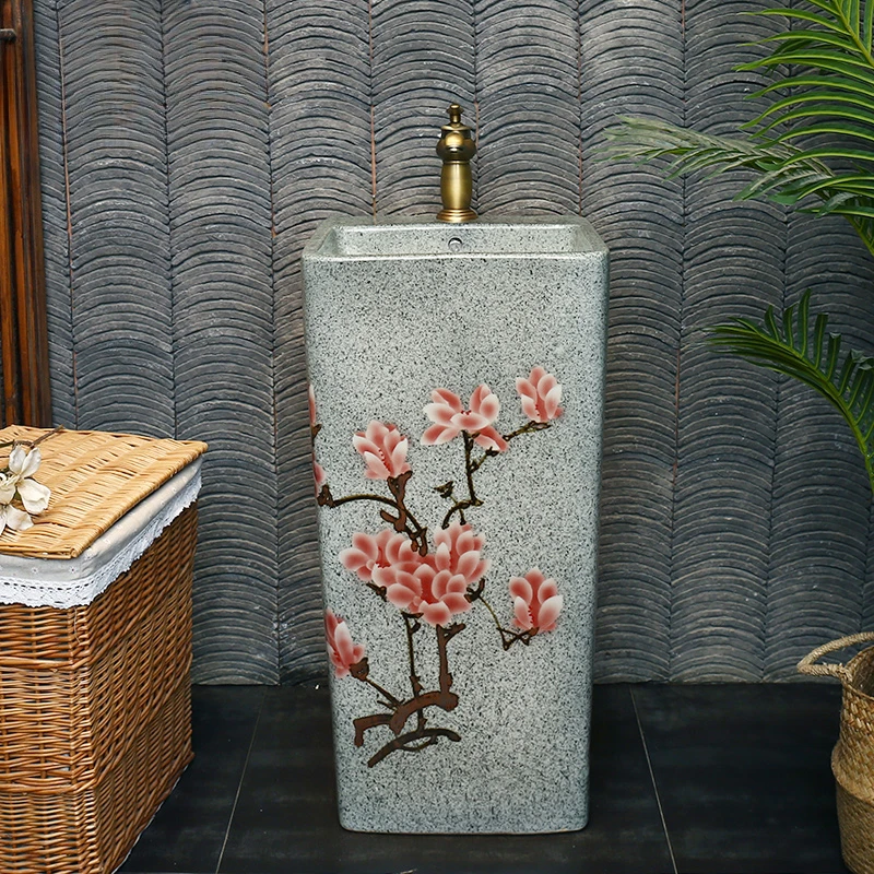 

Vintage ceramic pillar style washbasin, integrated square pillar basin, bathroom washbasin, floor standing sink