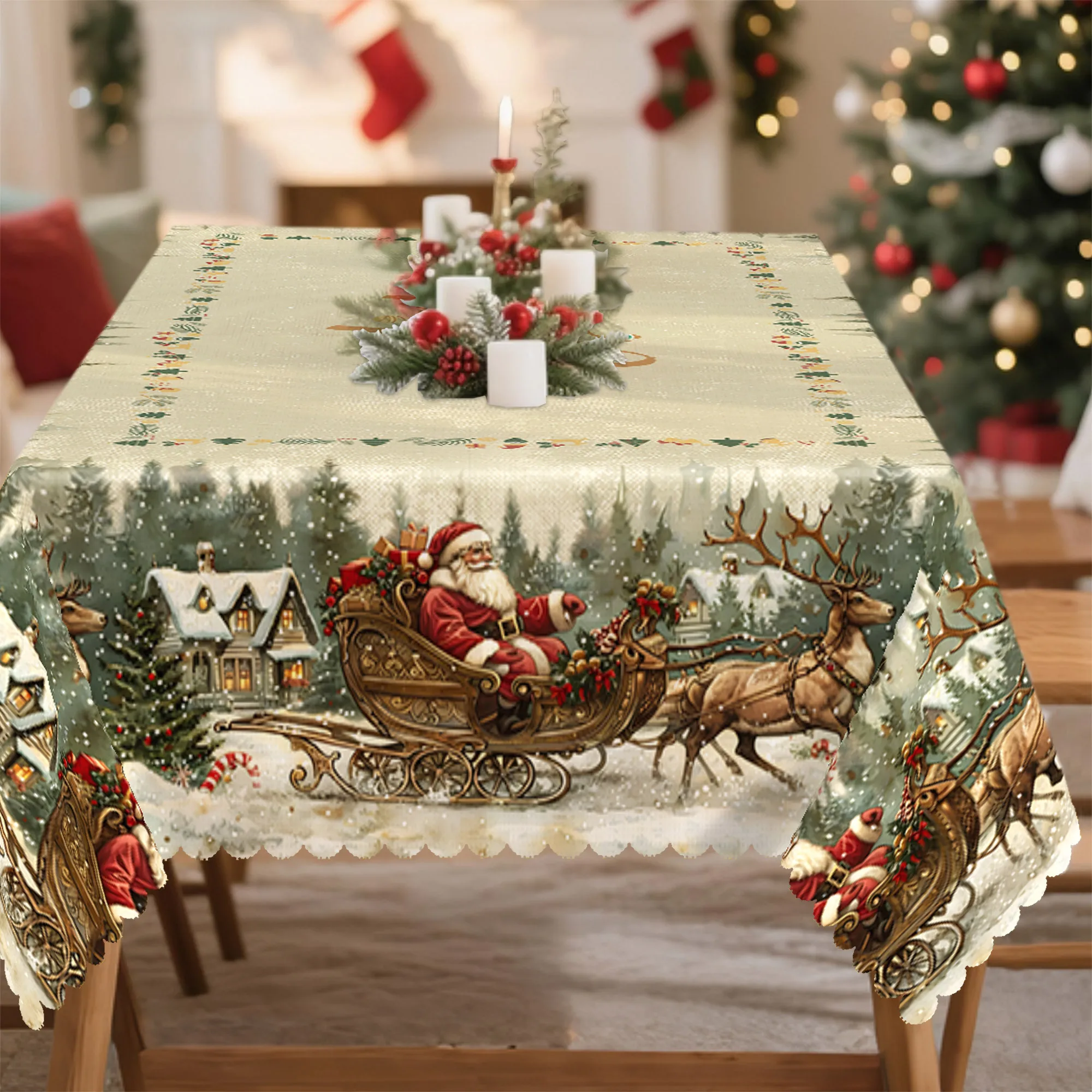 Christmas Happy Tablecloth, Retro Santa Reindeer Christmas Tree Snowhouse Gift Designzyc