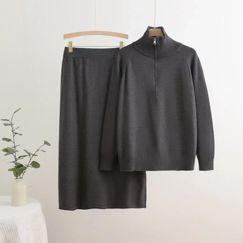 

Korean Design Knitted 2 Piece Sets Casual High Waist Skirts Conjuntos New Women Stand Neck Zipper Knitwears Pullover Tops Suits