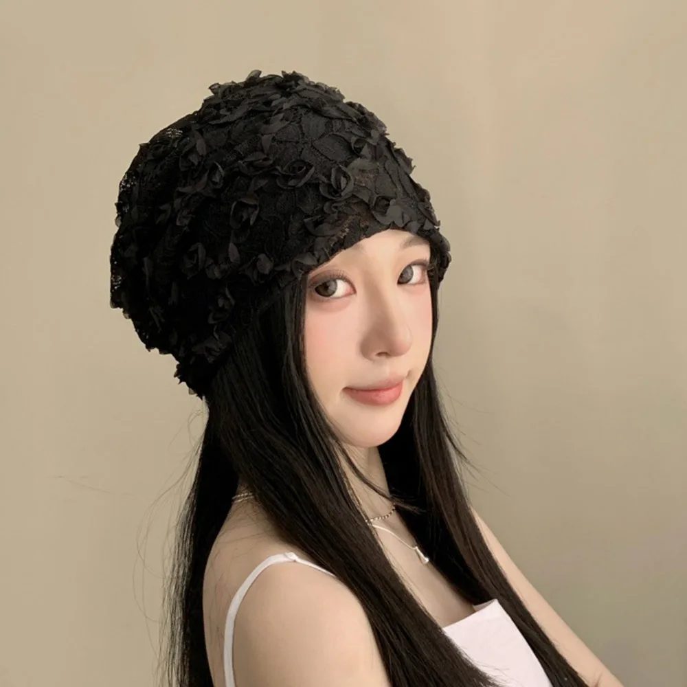 

Fashion Multicolor Knitting Beanie Lace Flower Thin Soft Stacked Hat Breathable Big Head Circumference Pullover Hat Gift