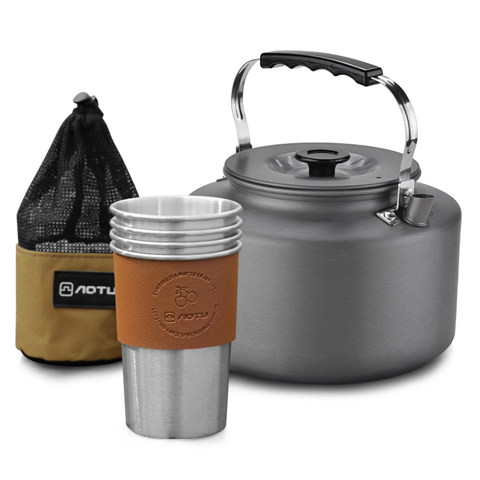 Camping Kettle for Open Fire 2L Camp Kettle + 4*360ML Stainless Steel Cups with Heat-Resistant Covers and Cup Bag Mesh Bag