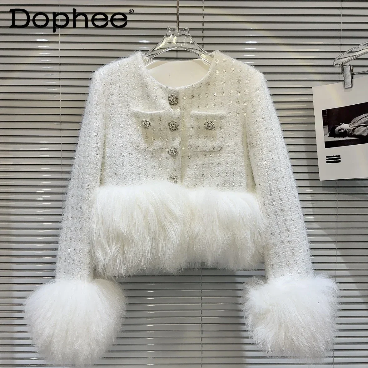 

Office Lady Fox Fur Stitching Long Sleeve Quilted Jacket 2023 Fall Winter New Sequined Mink Fur Round Neck Short Coat Women