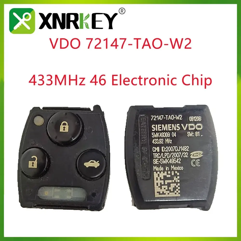 

XNRKEY VDO 72147-TAO-W2 Remote Control 3buttons 433.92Mhz with 46 Electronic Chip For Honda Accord 2008 2009 2010 Original Auto