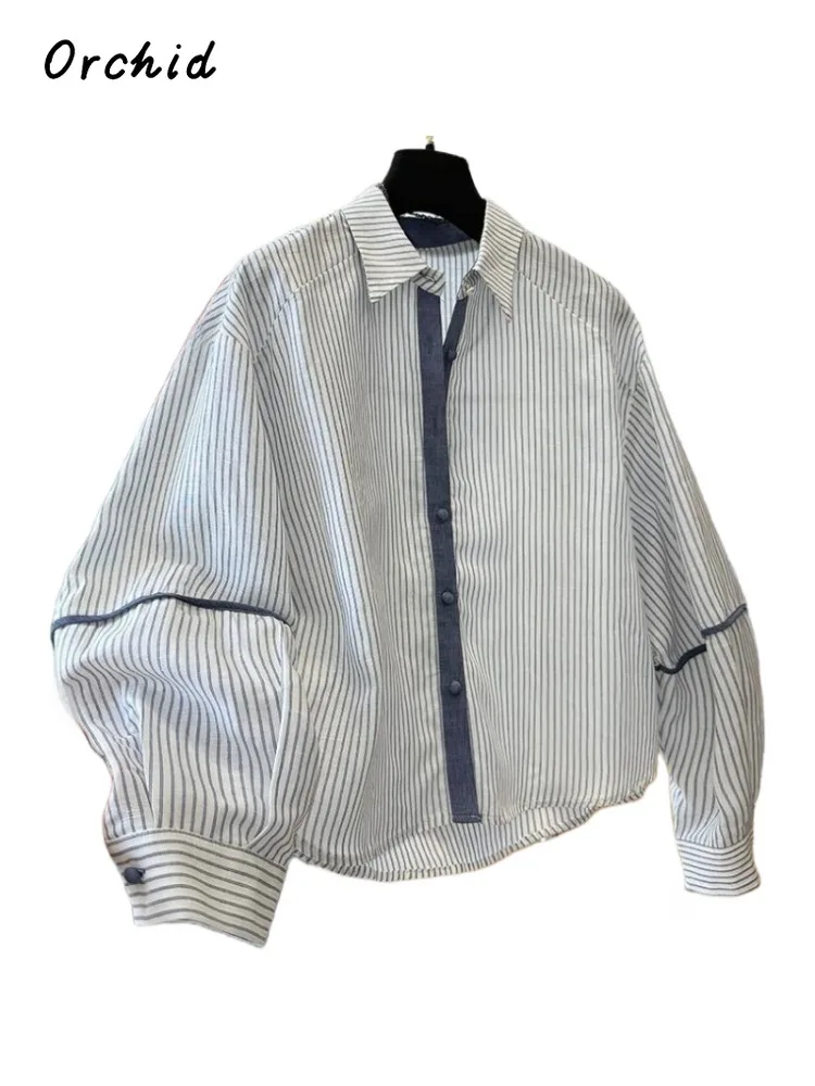 

Зима 2025 г., повседневные свободные полосатые блузки в корейском стиле, женские однобортные шикарные рубашки с отложным воротником и длинными рукавами