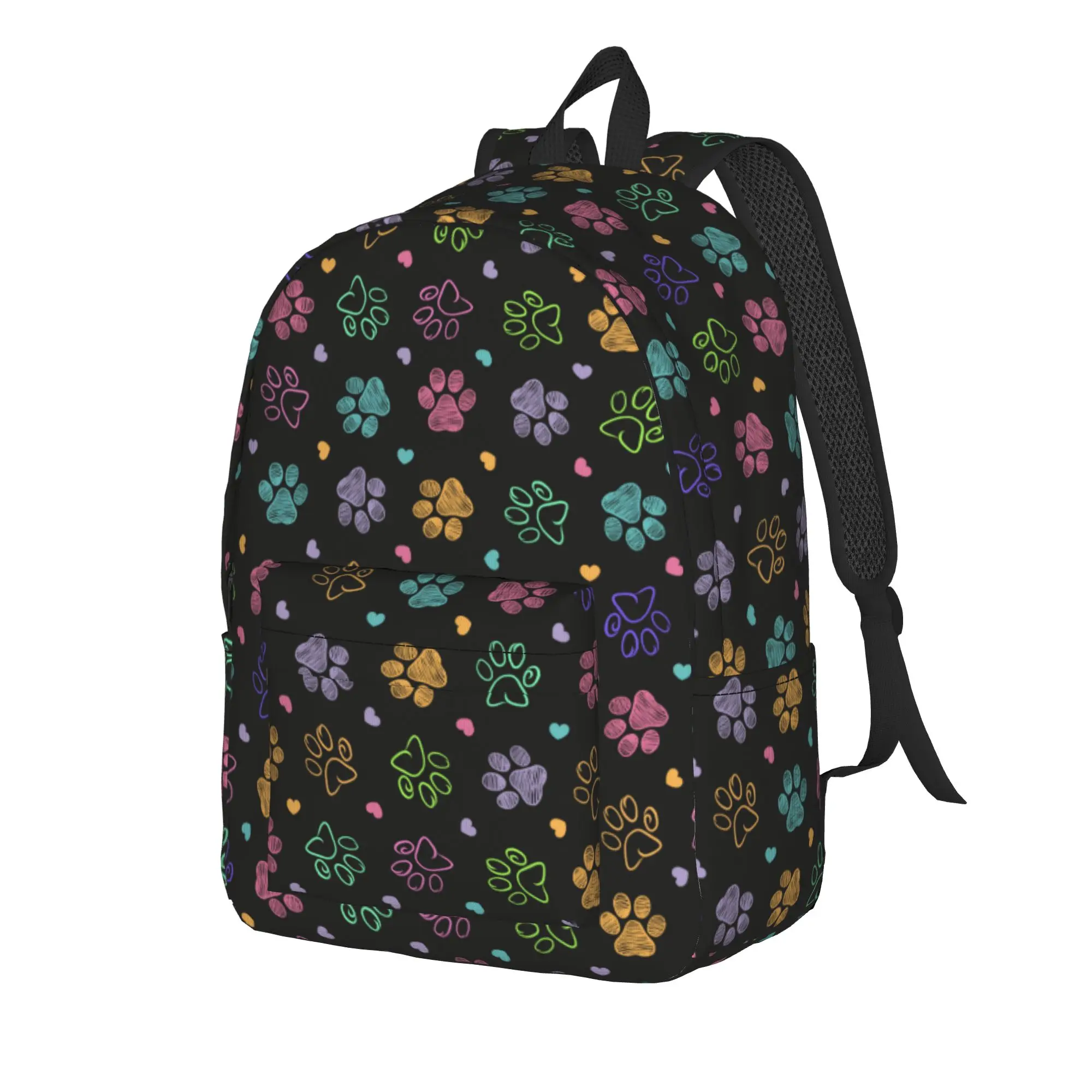 Colorful Doodle Paw Print Casual Backpack with Pocket High School Hiking Travel Dog Cat Daypack Laptop Shoulder Bag