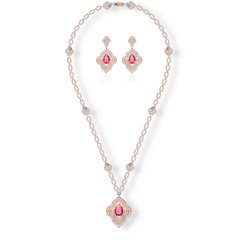 Designer Fashion Necklace Earrings Women Lady Inlay Red Cubic Zircon Opal Rhombus Pendant High-end Jewelry Sets