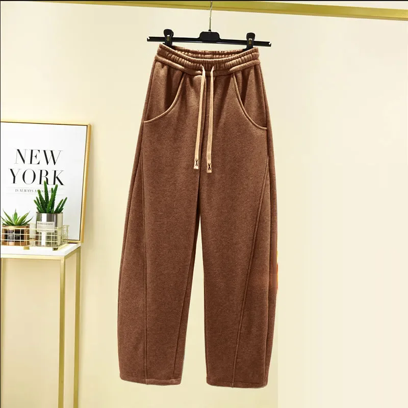Pantalones holgados de vellón para mujer, pantalón informal de pierna ancha y terciopelo grueso, cálido, invierno, 2024