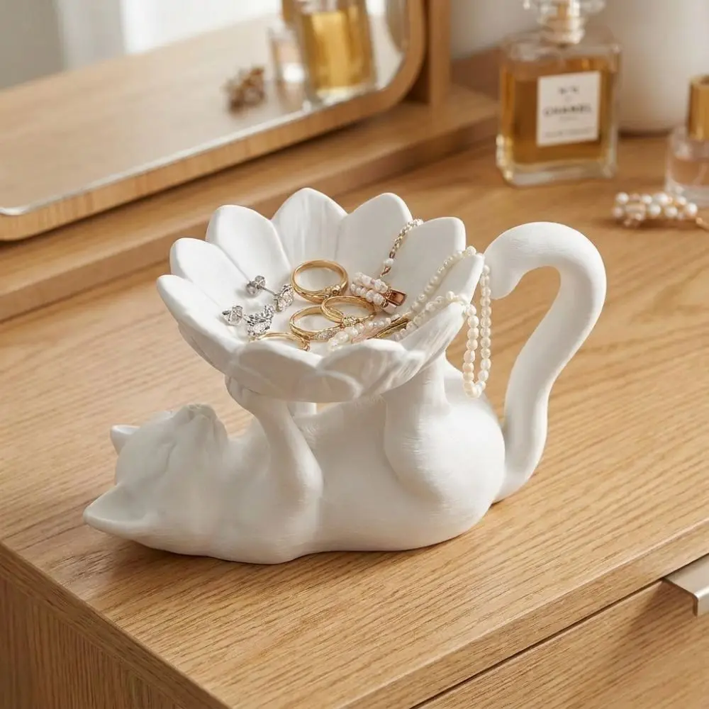 3D Printed Cat Lotus Jewelry Tray Cat Holding Lotus Stable Base Lying Cat Trinket Dish Waterproof Cartoon