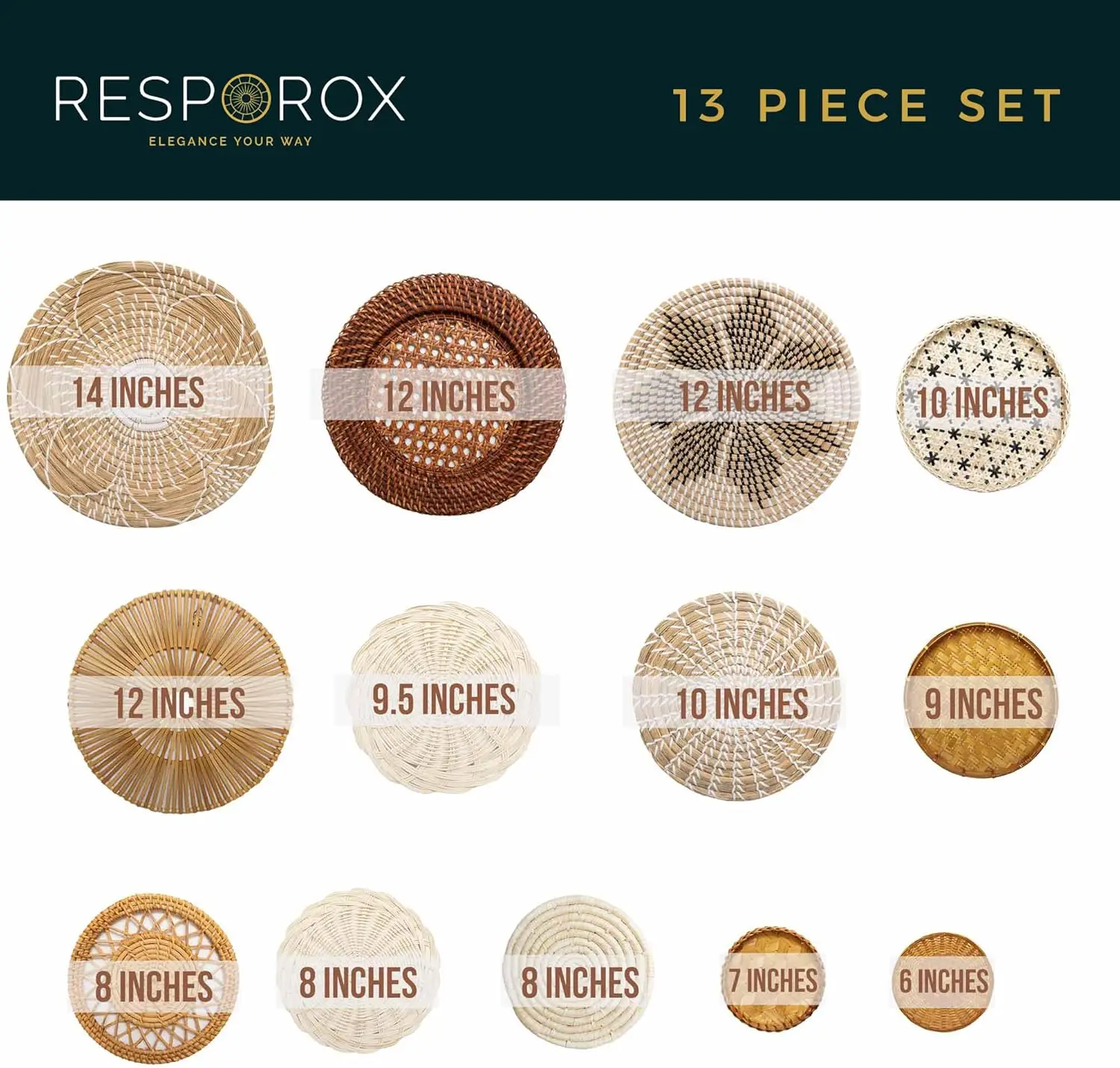 

Resporox Elegance Your Way Набор из 13 подвесных тканых корзин для настенного декора ручной работы из бамбука, ротанга и искусственных предметов