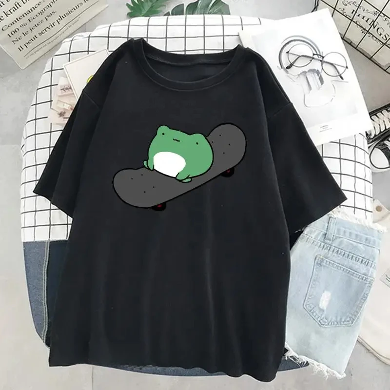 Skateboard Frog Dinosaur Cute Graphic T-Shirt Men/Women T-Shirt Green Aesthetic Oversized T-Shirt Harajuku Tops Women's Clothing