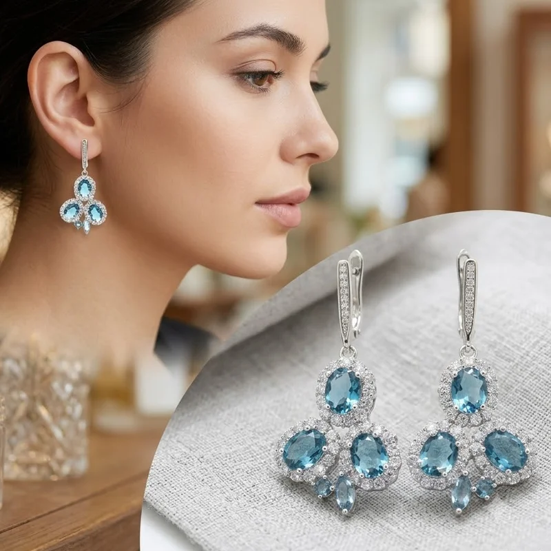 Buy 5 Get 1 Free 45x22mm Romantic London Blue Topaz  White CZ For Woman's Present Silver Earrings