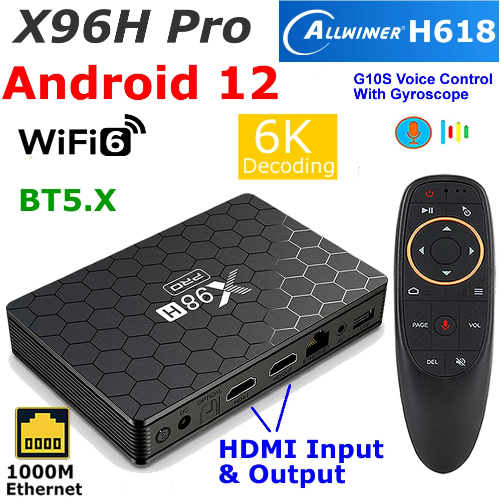 Android 12 TV Box X98H Pro Allwinner H618 Quad Core 5G WIFI WiFi6 HDMI Input and Output 1000M Ethernet BT5.0 HDR10+ Set Top Box