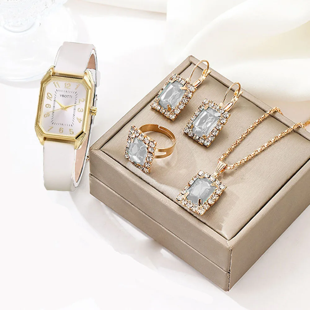Women's New 5-Piece Jewelry Set: Square Roman Watch & Gemstone Bracelet Necklace Earring Ring, Elegant Metal & Leather Material